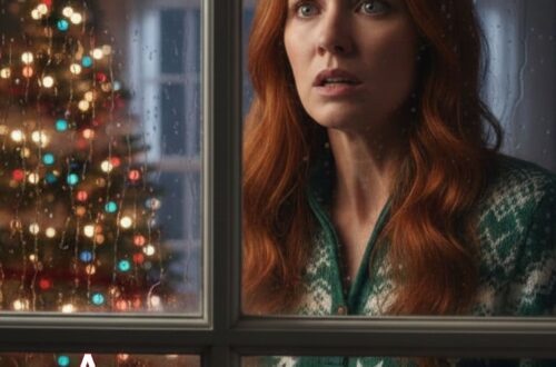 Book Cover - worried woman looks out window into the night while a Christmas tree glows behind her.