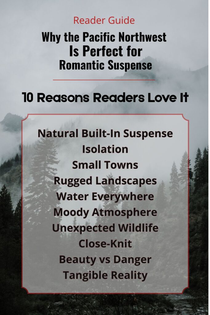 Foggy Pacific Northwest forest and mountain peak illustrating why the region is perfect for romantic suspense settings.